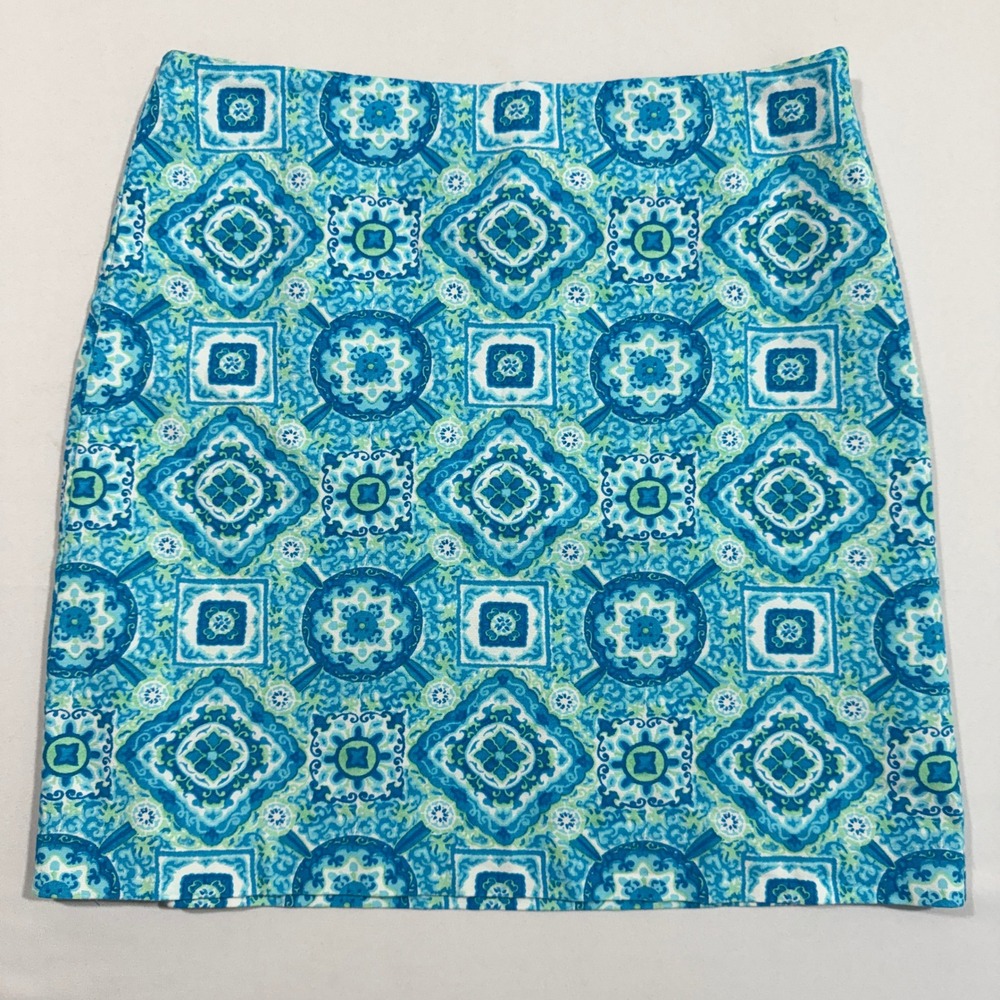 Talbots Mini Skirt Women's 8P Blue Green Geometric Tile Print Cotton Stretch